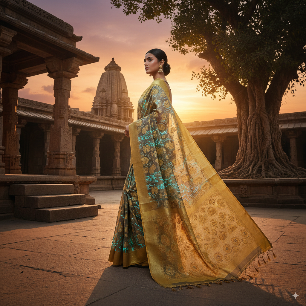 A Nano Banana Saree with golden silk threads, futuristic nanotech patterns glowing faintly, draped elegantly on a model in a sunset-lit temple courtyard, high-resolution, cinematic photography.